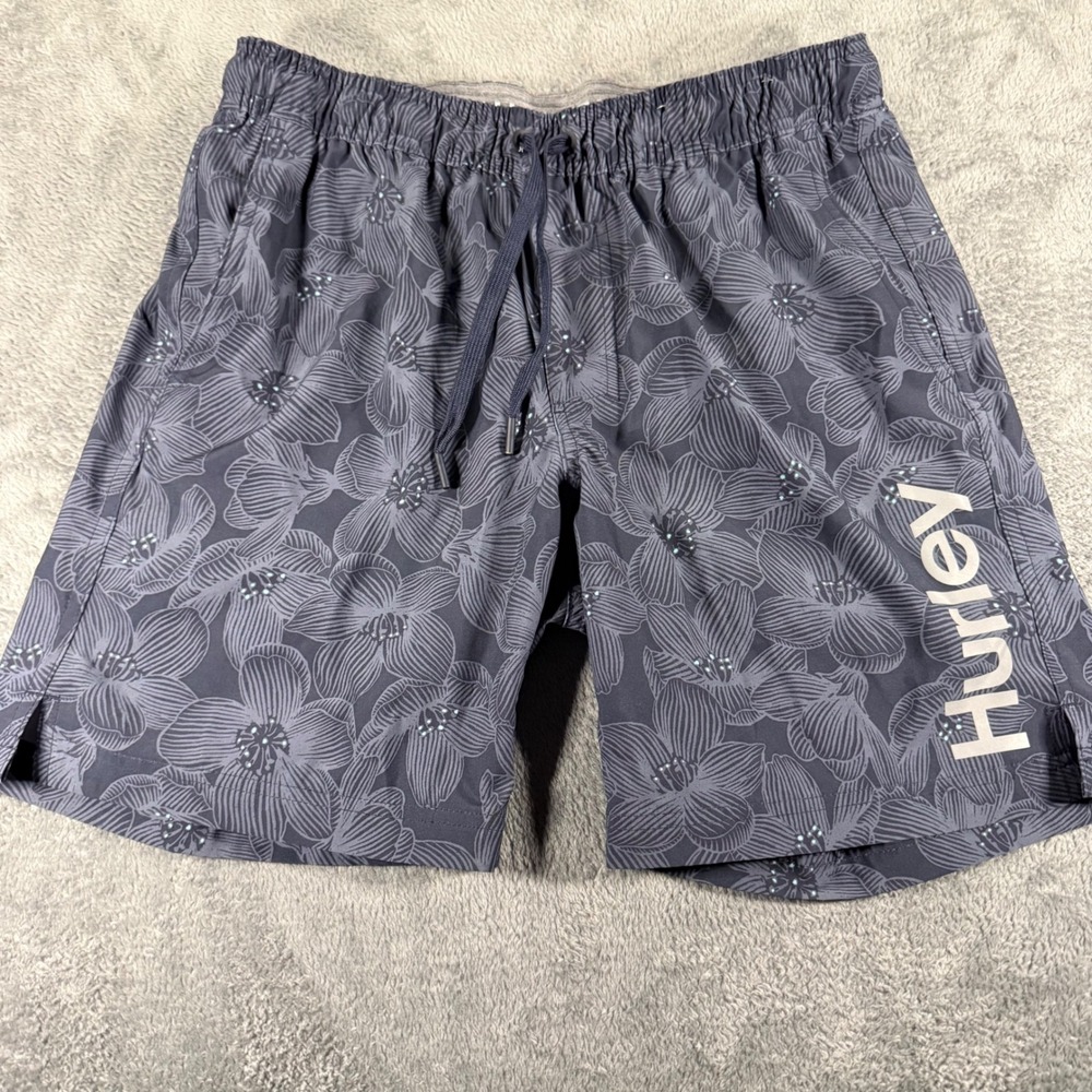 Hurley Mens Gray Floral Print Swim Trunks Board Shorts Medium Big‎ Logo